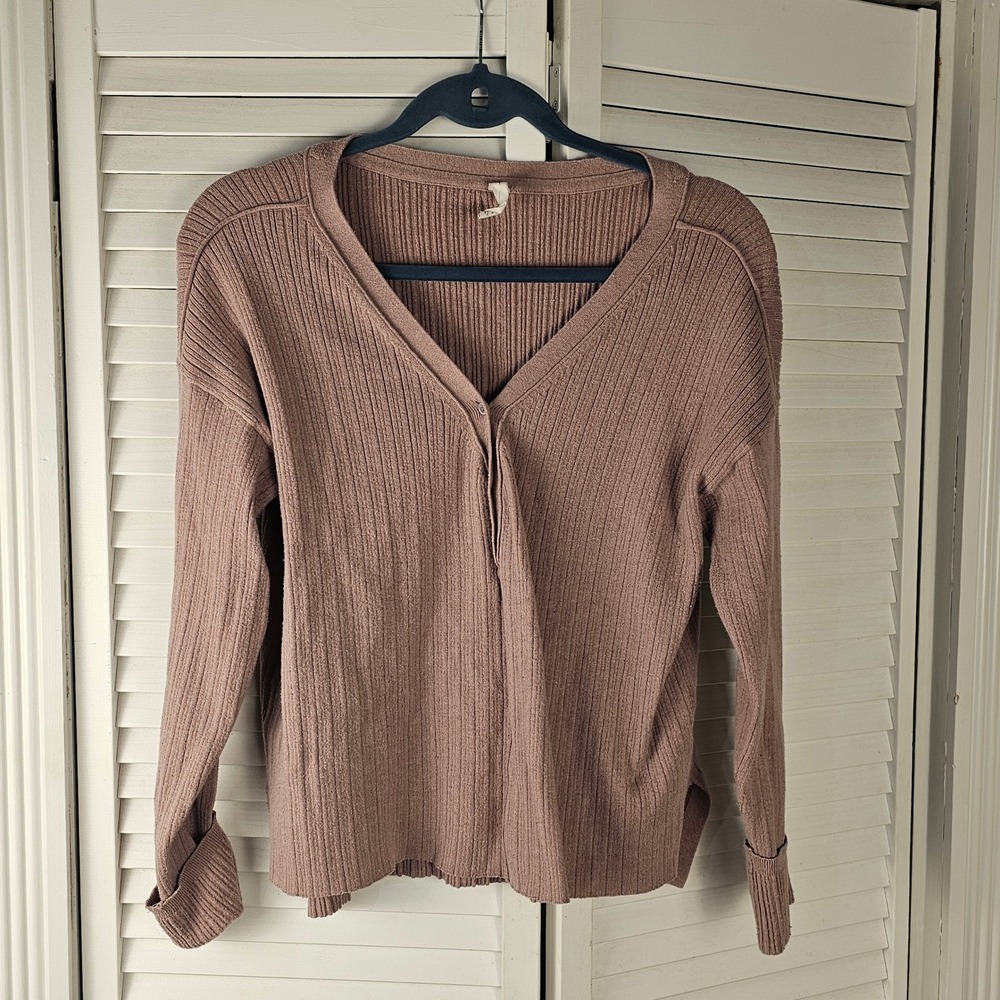Daily Practice Anthropologie Womens Pink Ribbed Long Sleeve Henley Shirt Medium